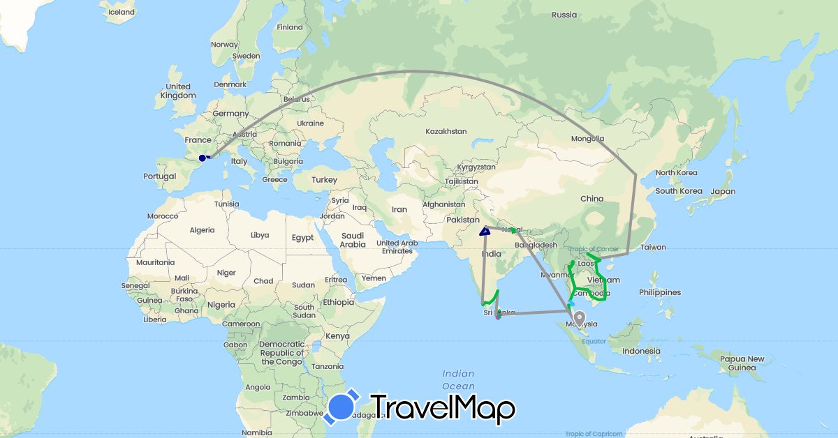 TravelMap itinerary: driving, bus, plane, cycling, train, hiking, boat, motorbike in China, France, India, Cambodia, Sri Lanka, Malaysia, Nepal, Russia, Thailand, Vietnam (Asia, Europe)